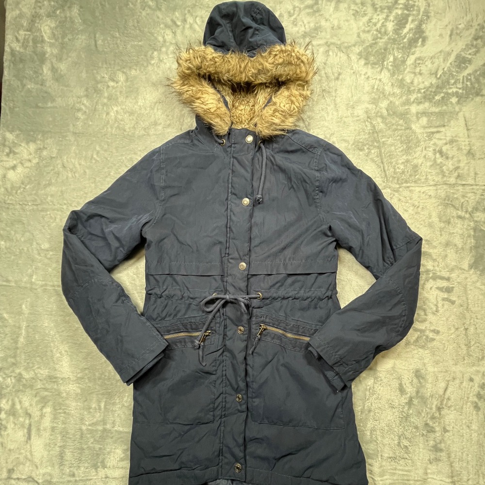 Aeropostale Parka Jacket Women Navy Blue Faux Fur Hood Drawstring‎ LXGYCH5 M